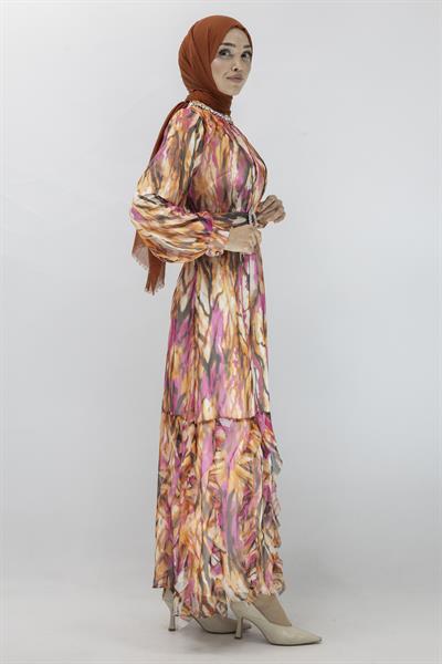 Orhan Store Desenli Şifon Elbise Fuşya OTW1710