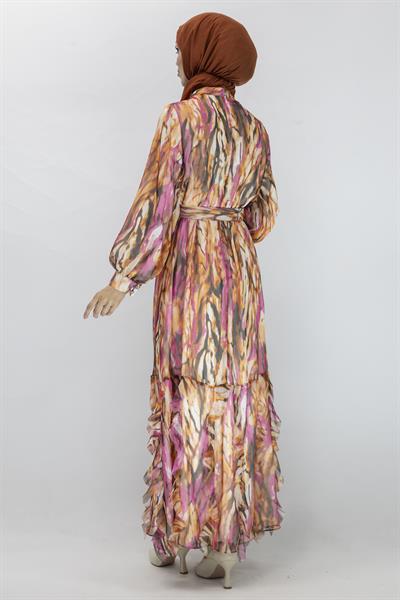 Orhan Store Desenli Şifon Elbise Fuşya OTW1710