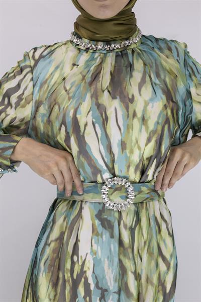 Orhan Store Desenli Şifon Elbise Yeşil OTW1710