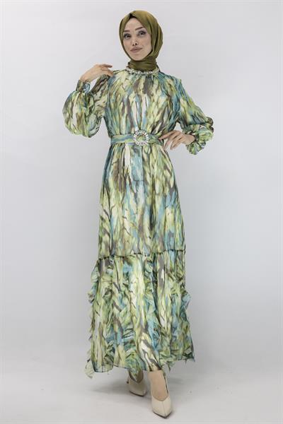 Orhan Store Desenli Şifon Elbise Yeşil OTW1710