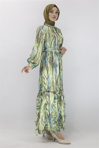 Orhan Store Desenli Şifon Elbise Yeşil OTW1710
