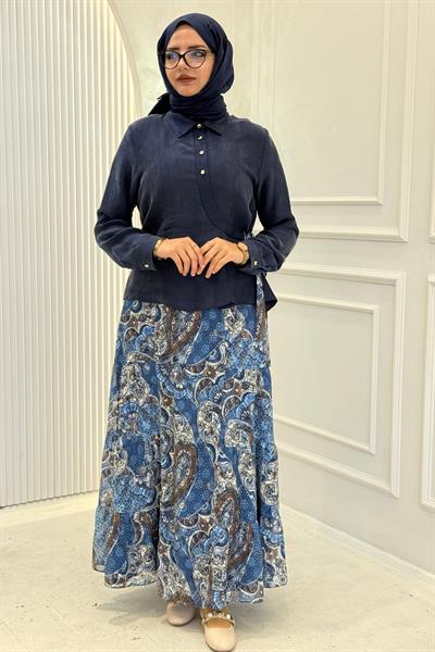 Orhan Store Etnik Desenli Etekli Tesettür Takım Lacivert OTW2825