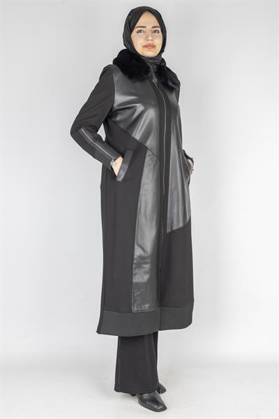 Orhan Store Fermuarlı Kürk Yakalı Çelik Örme Kap Siyah OTW1600