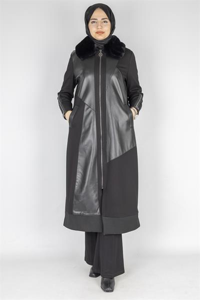 Orhan Store Fermuarlı Kürk Yakalı Çelik Örme Kap Siyah OTW1600