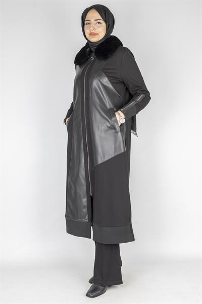 Orhan Store Fermuarlı Kürk Yakalı Çelik Örme Kap Siyah OTW1600