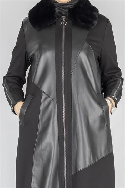 Orhan Store Fermuarlı Kürk Yakalı Çelik Örme Kap Siyah OTW1600