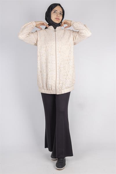 Orhan Store Fermuarlı Lastik Paça Dokulu Tesettür Spor Ceket Bej OTW1158