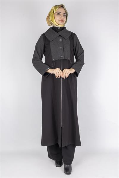 Orhan Store Geniş Yakalı Fermuarlı Panel Detaylı Uzun Kap Siyah OTW1590