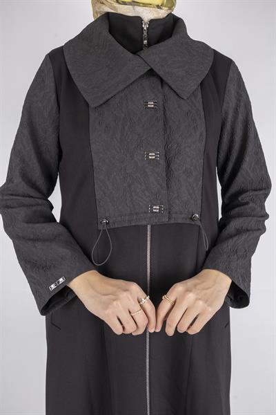 Orhan Store Geniş Yakalı Fermuarlı Panel Detaylı Uzun Kap Siyah OTW1590