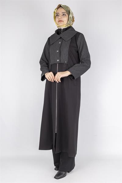 Orhan Store Geniş Yakalı Fermuarlı Panel Detaylı Uzun Kap Siyah OTW1590