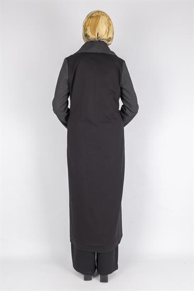 Orhan Store Geniş Yakalı Fermuarlı Panel Detaylı Uzun Kap Siyah OTW1590