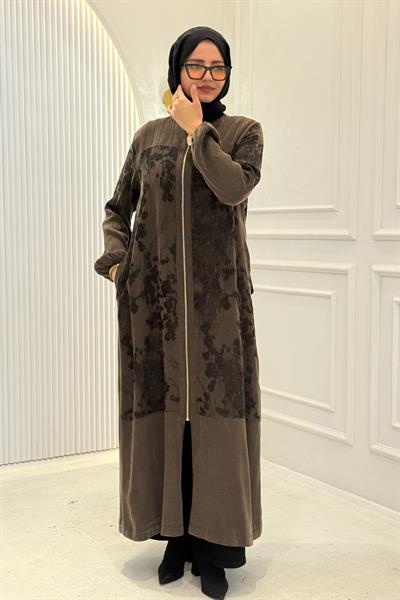 Orhan Store İpek Qupra Desenli Fermuarlı Ferace Kahve OTW1189