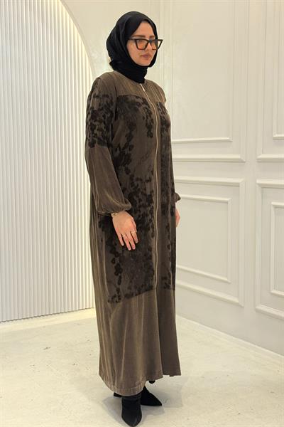 Orhan Store İpek Qupra Desenli Fermuarlı Ferace Kahve OTW1189