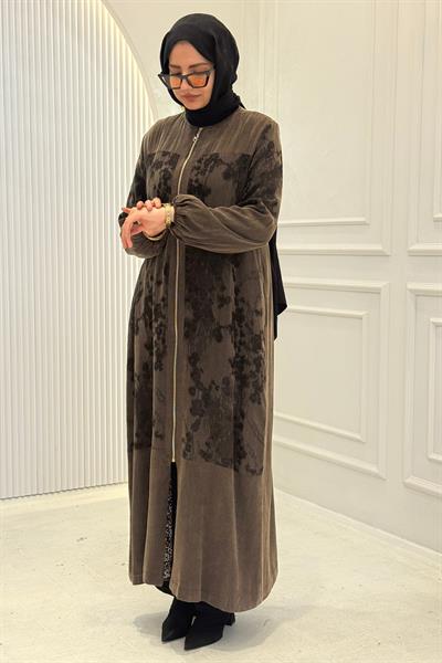 Orhan Store İpek Qupra Desenli Fermuarlı Ferace Kahve OTW1189