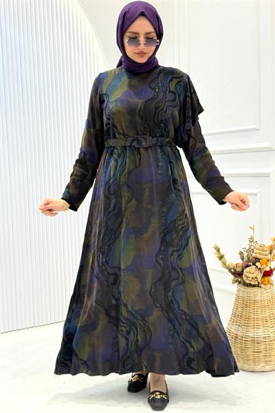 Orhan Store İpek Qupra Desenli Tesettür Elbise Mor OTW1810