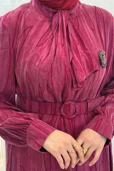 Orhan Store İpek Qupra Jakarlı Tesettür Elbise Vişne OTW1800