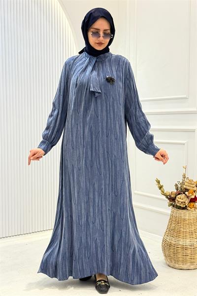 Orhan Store İpek Qupra Jakarlı Tesettür Elbise İndigo OTW1800