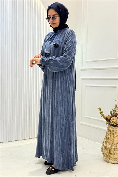 Orhan Store İpek Qupra Jakarlı Tesettür Elbise İndigo OTW1800