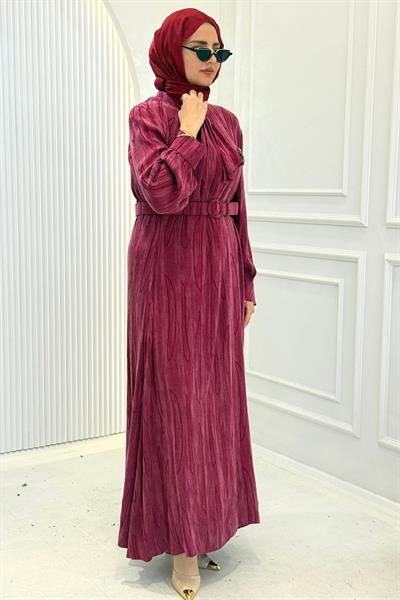 Orhan Store İpek Qupra Jakarlı Tesettür Elbise Vişne OTW1800