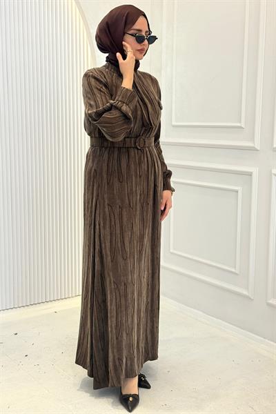 Orhan Store İpek Qupra Jakarlı Tesettür Elbise Kahve OTW1800