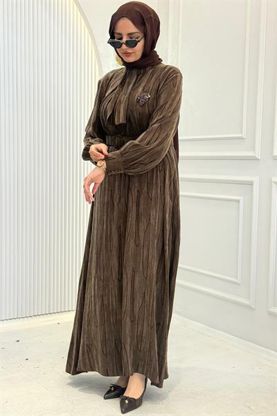 Orhan Store İpek Qupra Jakarlı Tesettür Elbise Kahve OTW1800