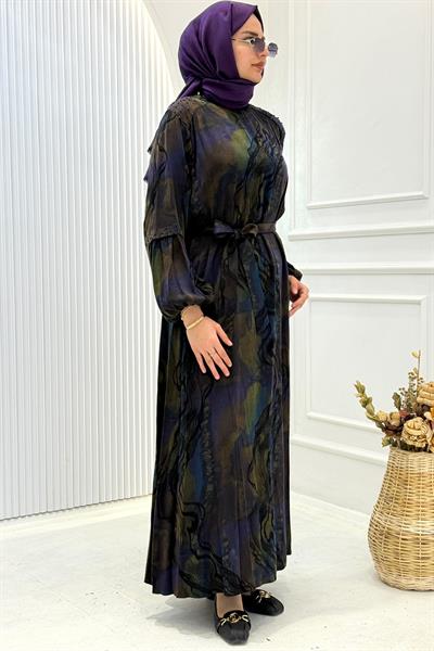 Orhan Store İpek Qupra Omuz Boncuklu Tesettür Elbise Mor OTW1802