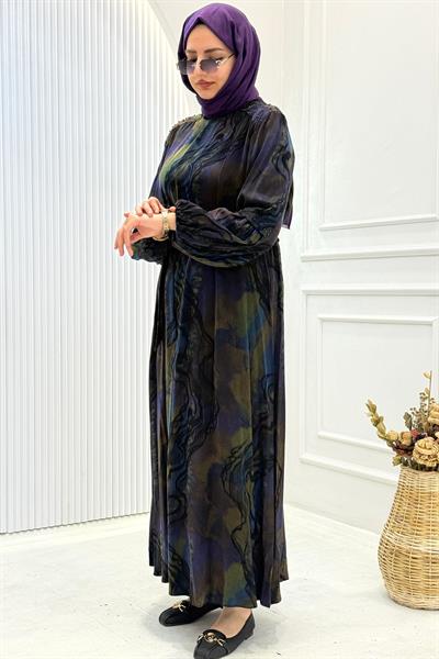 Orhan Store İpek Qupra Omuz Boncuklu Tesettür Elbise Mor OTW1802