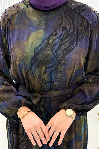 Orhan Store İpek Qupra Omuz Boncuklu Tesettür Elbise Mor OTW1802