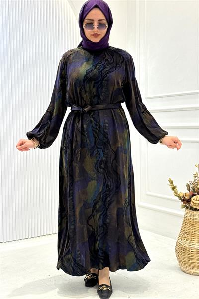 Orhan Store İpek Qupra Omuz Boncuklu Tesettür Elbise Mor OTW1802