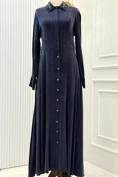 Orhan Store İpek Qupra Taşlı Yaka Detaylı Uzun Elbise Lacivert OTW1785