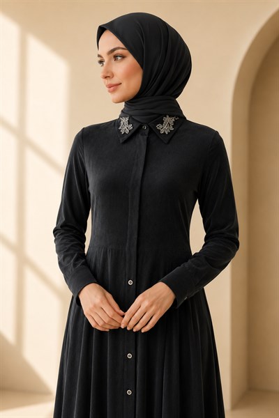 Orhan Store İpek Qupra Taşlı Yaka Detaylı Uzun Elbise Siyah OTW1785