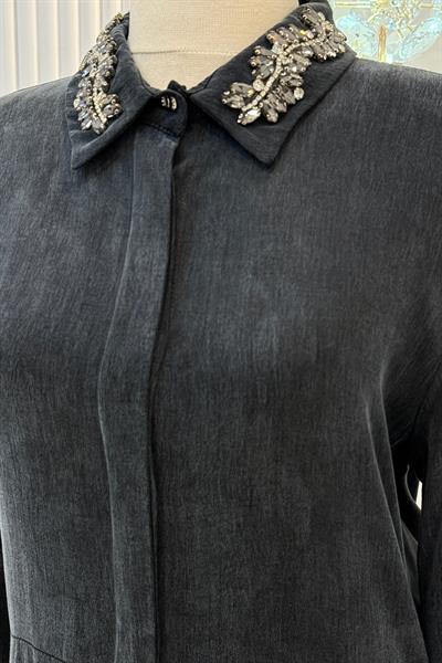 Orhan Store İpek Qupra Taşlı Yaka Detaylı Uzun Elbise Siyah OTW1785