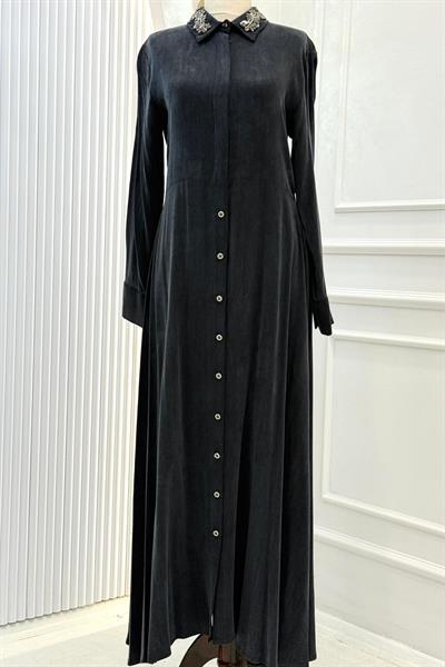 Orhan Store İpek Qupra Taşlı Yaka Detaylı Uzun Elbise Siyah OTW1785