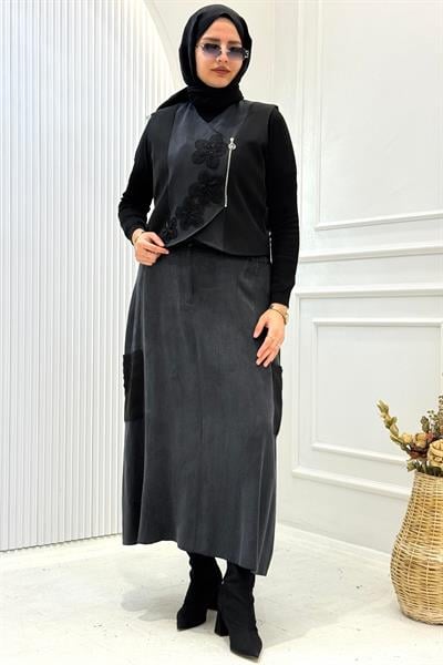 Orhan Store İpek Qupra Yelekli Etekli Tesettür Takım Siyah OTW2775
