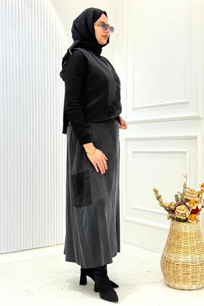 Orhan Store İpek Qupra Yelekli Etekli Tesettür Takım Siyah OTW2775