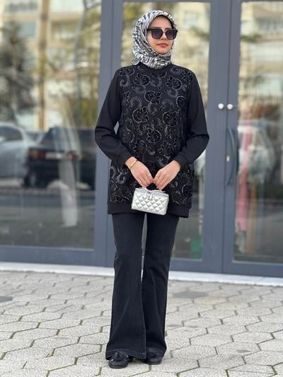 Orhan Store İşlemeli Çelik Örme Tunik Siyah OTW1335