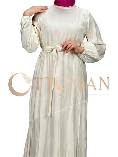 Orhan Store Jakar Desenli  Elbise Krem OTW1539