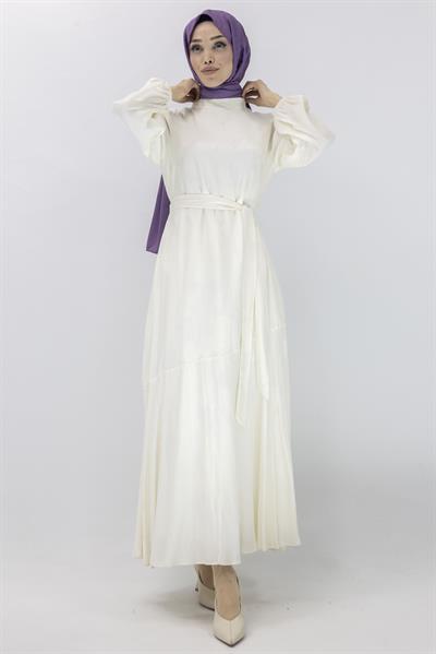 Orhan Store Jakar Desenli  Elbise Krem OTW1539