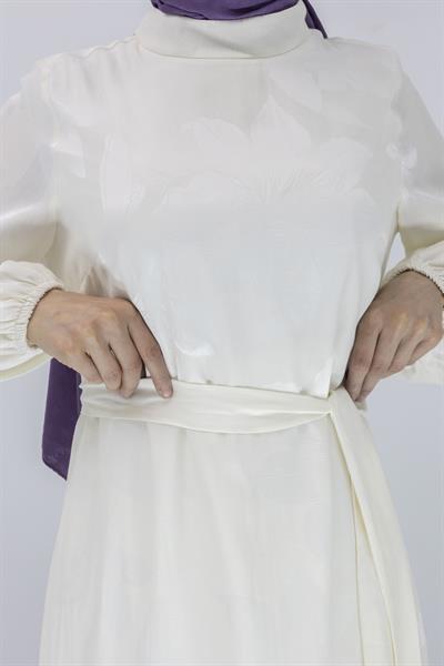 Orhan Store Jakar Desenli  Elbise Krem OTW1539