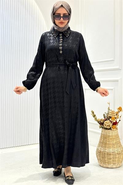 Orhan Store Jakar Saten Kazayağı Tesettür Elbise Siyah OTW1804