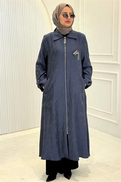 Orhan Store Jakarlı Fermuarlı Uzun Tesettür Kap İndigo OTW1618