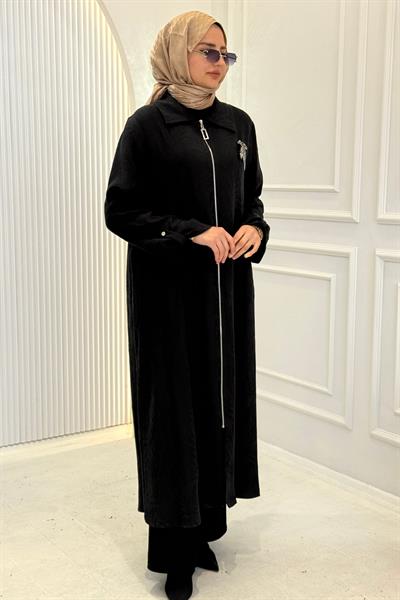 Orhan Store Jakarlı Fermuarlı Uzun Tesettür Kap Siyah OTW1618