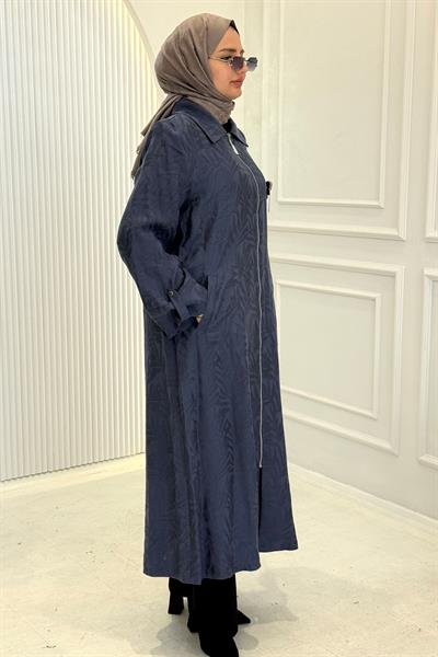 Orhan Store Jakarlı Fermuarlı Uzun Tesettür Kap İndigo OTW1618