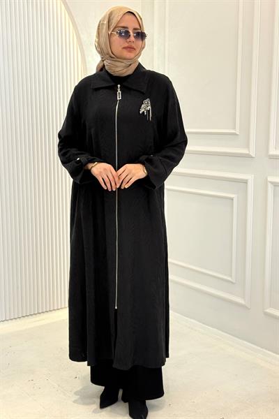 Orhan Store Jakarlı Fermuarlı Uzun Tesettür Kap Siyah OTW1618