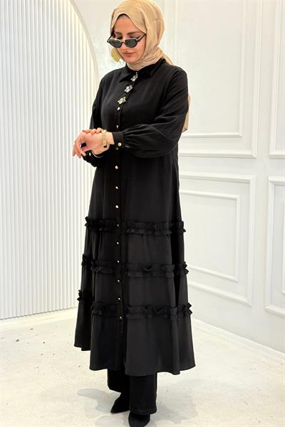 Orhan Store Kat Kat Fırfır Detaylı Tesettür Elbise Siyah OTW1818