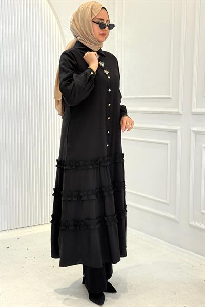 Orhan Store Kat Kat Fırfır Detaylı Tesettür Elbise Siyah OTW1818
