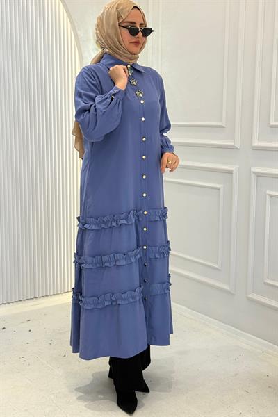 Orhan Store Kat Kat Fırfır Detaylı Tesettür Elbise İndigo OTW1818