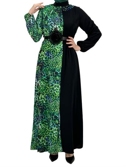 Orhan Store Kemerli Elbise Siyah-Yeşil OTW1554