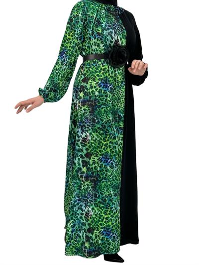 Orhan Store Kemerli Elbise Siyah-Yeşil OTW1554