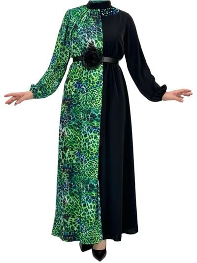 Orhan Store Kemerli Elbise Siyah-Yeşil OTW1554